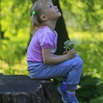 girl sitting on tree stump